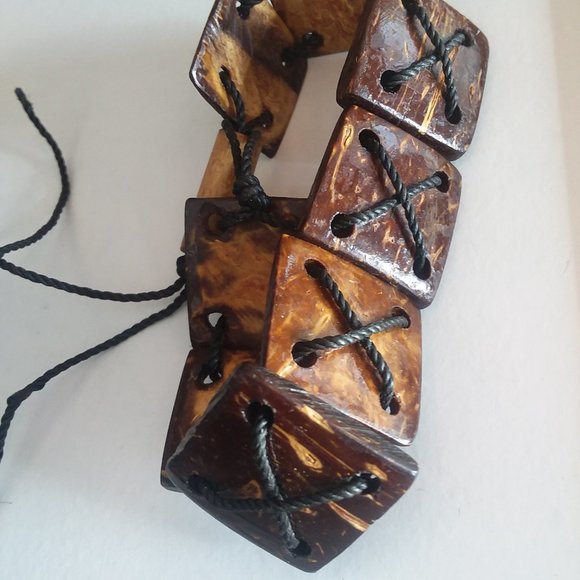 Coconut Wood Bracelet Anklet Square Tiles Artisan Made Philippines Small, 7" - Picture 4 of 6